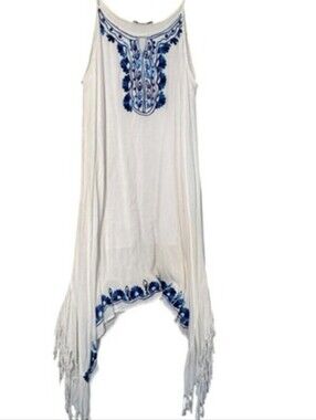 Lapogee White Blue Embroidered Fringe Sharkbite Hem Dress Plus Sz 3X Boho Beach